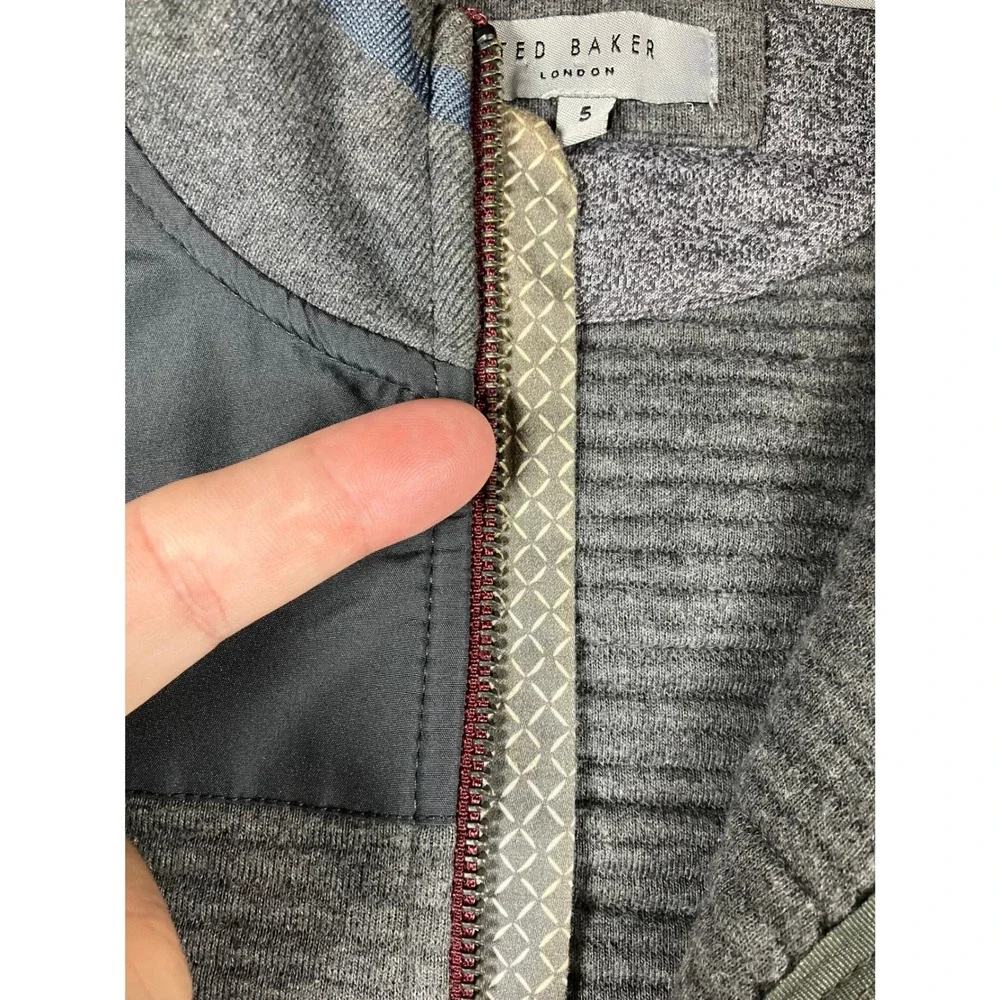 Ted Baker London Mens Grey Ribbed Full Zip Jacket Nylon Yoke Size 5 XL